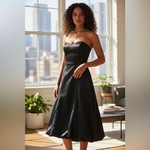 Alfred Angelo Black Strapless Satin Midi Formal Evening Dress with Bubble Hem